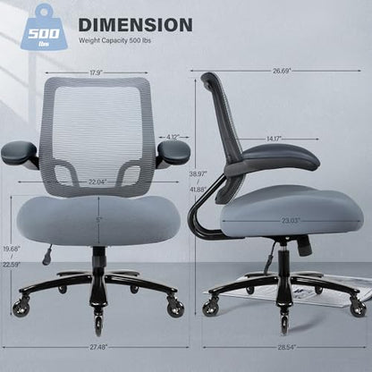 Kassipo Big and Tall Office Chair with Flip-Up Armrests, Grey | 500LBS Capacity, Spring-Reinforced Memory Foam Seat & Heavy-Duty Base - color: Grey