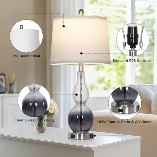 Rinweey 27.5" Gradual Gray Clear Glass Table Lamp Set of 2,3-Way Dimmable Touch Control Bedside Lamps with USB Ports and AC Outlet, Modern Nightstand Lamps for Bedroom Living Room - color: Gray