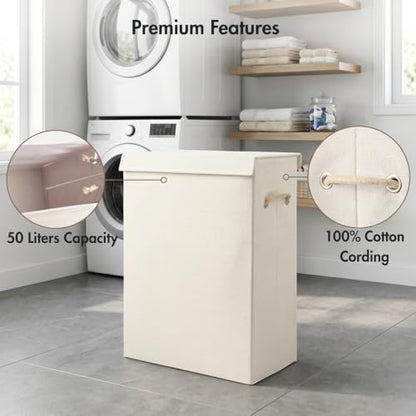Luxe Slim Collapsible Laundry Hamper with Lid, Beige, 2-Pack, 50L | Polyester Construction, Carry Handles, Removable Liner, Rectangular Shape