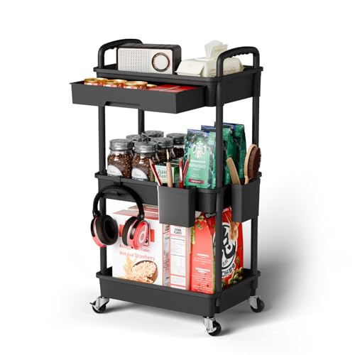 Sorgion 3 Tier Rolling Cart Organizer,Laundry Room Bathroom Organizers and Storage Office Shelves Mobile Shelving Unit Kitchen Trolley Cart with Wheels for Art,Craft,Diaper,Bedside,Snack(Black) - size: 3Tier-Black