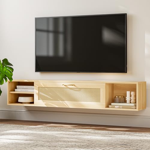 Rattan Floating TV Stand for 75 Inch TV, Wood Wall Mounted TV Cabinet, Mid Century Modern Center TV Stand w/Rattan Cabinet, Entertainment Media Console Large Storage TV Shelfs for Living Room