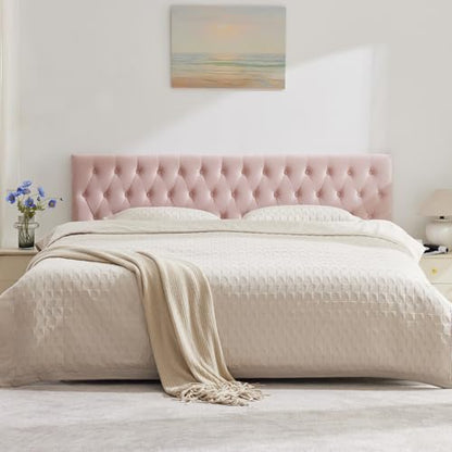 Tufted Upholstered Queen Size Bed Headboard in Modern Button Design, Adjustable Solid Wood Head Board, Premium Velvet Fabric Padded Headboards in Bedroom (Pink) - color: Pink, size: Queen