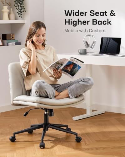 Marsail Criss Cross Chair with Wheels: PU Leather Cross Legged Office Chair Wide Armless Desk Chair Swivel Height Adjustable Vanity Chair for Make Up,Small Space,Bed Room(Beige) - color: Beige