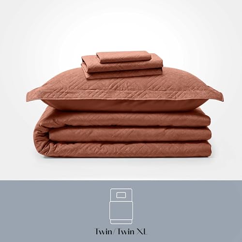 Clara Clark Quilts Twin Size - All Season Bedspread Coverlet Set, Pinsonic Weave Lightweight Bedding Set - 5 Piece Twin Quilt Set with Pillow Shams, Mocha - Twin Diamond - color: 36 – Mocha – Diamond, size: Twin