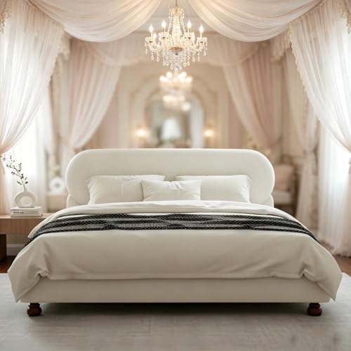 Relaxing Upholstered Bed Frame with Rounded Padded Headboard, Supportive Slats, Wooden Legs