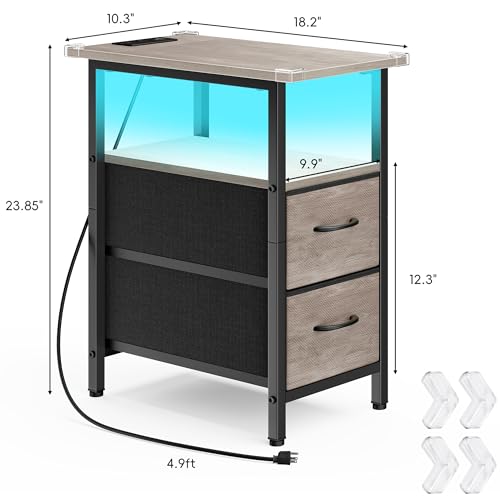 Set of 2 Nightstand with Charging Station and LED Lights, Narrow Side Table, LED Night Stand with 2 Fabric Drawers, Bedside Table Small End Table, Tall Nightstand for Bedroom, Rustic Grey - color: Greige, size: 2, style: With LEDs