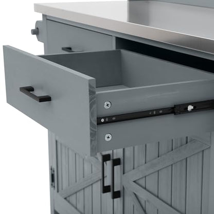 54.1" Outdoor Kitchen Island with High Shelf, Stainless Steel Top & Lockable Wheels, Solid Wood Grill Cart for BBQ, Potting Bench with Storage Cabinet & Adjustable Shelves (54.1" Grey Blue) - color: 54.1" Grey Blue