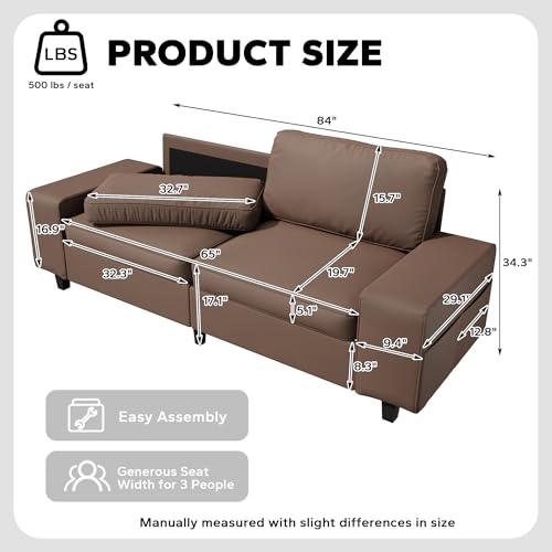 84" Loveseat Couch, 3 Seater Leathaire Sofa with 4 Side Pockets, Removable and Washable Cushions, Living Room，Apartment, Office (Coffee) - color: Coffee Leathaire, size: 84 "