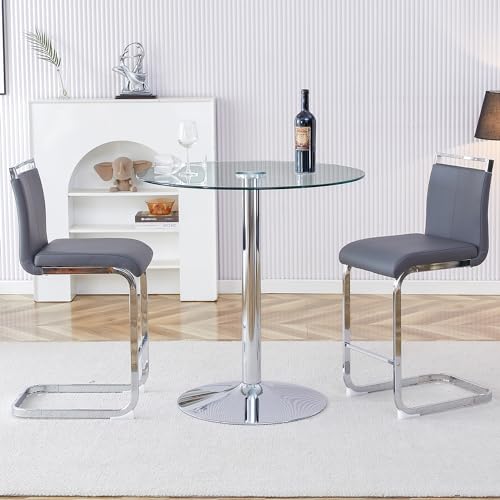 Bar Table and Chairs Set of 2,Round Counter Height Dining Table Set,35” Glass Round Bar Table Set with Grey Bar Stools,Sturdy Silver Chrome Base,Small Pub Table Set for Apartment,Kitchen(36" H - color: Silver&grey