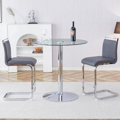 Bar Table and Chairs Set of 2,Round Counter Height Dining Table Set,35” Glass Round Bar Table Set with Grey Bar Stools,Sturdy Silver Chrome Base,Small Pub Table Set for Apartment,Kitchen(36" H - color: Silver&grey