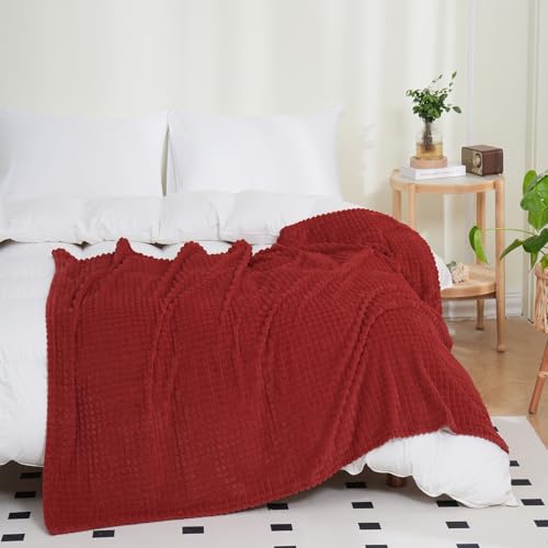 Puncuntex Fleece Throw Blanket Red 50"×60" with Square Grid Design | Super Soft Plush Cozy Flannel Throw Blanket Luxury for Couch Sofa Chair - color: Red, size: 50"×60"