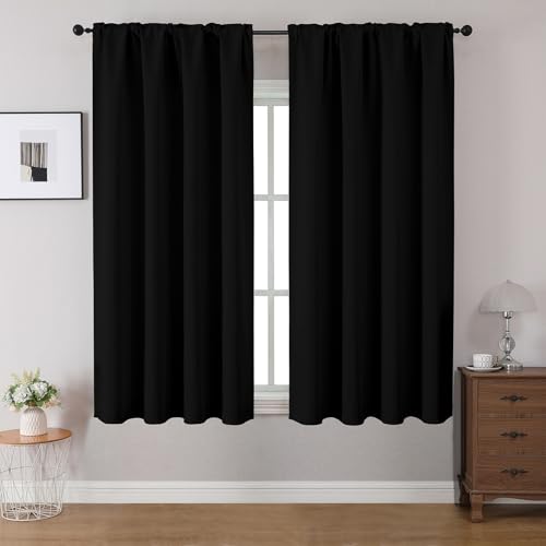 CUCRAF Blackout Curtains 45 inches Long 2 Panels Set for Bedroom, Black Rod Pocket Room Darkening Curtain for Living Room, Thermal Insulated Window Drapes (W 52 x L 45 Inch) - color: Black, size: 52"W x 45"L (Pack of 2)