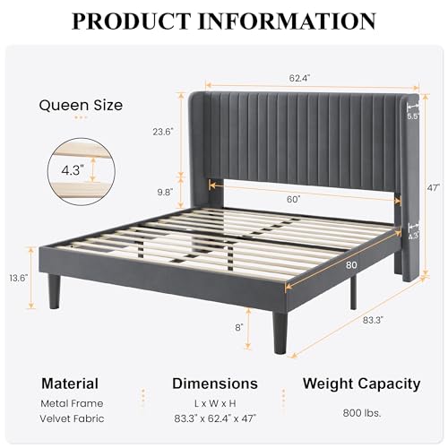 SHA CERLIN Queen Size Velvet Bed Frame, Tufted Wingback Headboard, Grey | 47'' Modern Vertical Channel Headboard, Upholstered Platform Bed, Wood Slats, No Box Spring Needed, Easy Assembly, Noise Free - color: Grey, size: Queen