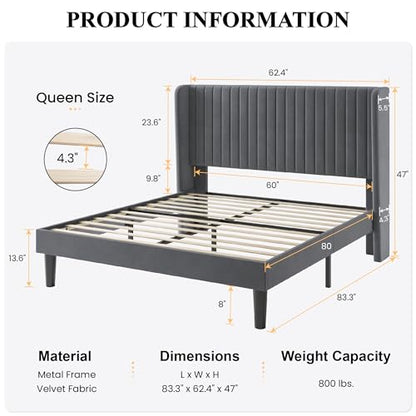 SHA CERLIN Queen Size Velvet Bed Frame, Tufted Wingback Headboard, Grey | 47'' Modern Vertical Channel Headboard, Upholstered Platform Bed, Wood Slats, No Box Spring Needed, Easy Assembly, Noise Free - color: Grey, size: Queen