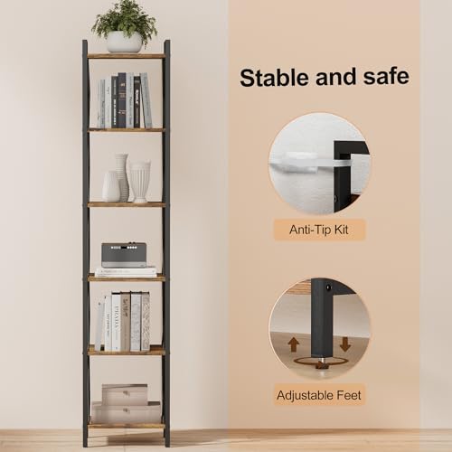 Homhedy 6 Tier Small Bookshelf, Tall Narrow Bookcase, Metal Book Shelf | Industrial Style for Small Spaces, Home, Office, Living Room, Kitchen, Bedroom , 10.4" D x 13" W x 67.4" H, Rustic Brown - color: Rustic Brown, size: 10.4"D x 13"W x 67.4"H