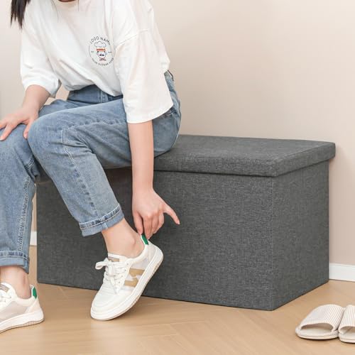 PINPLUS Folding Storage Ottoman Bench with Lid Tray, 30 inches Ottoman Coffee Table Grey Cube Chair Foot Rest Stool Storage Chest for Living Room Bedroom, Holds up to 550 lb - color: Grey