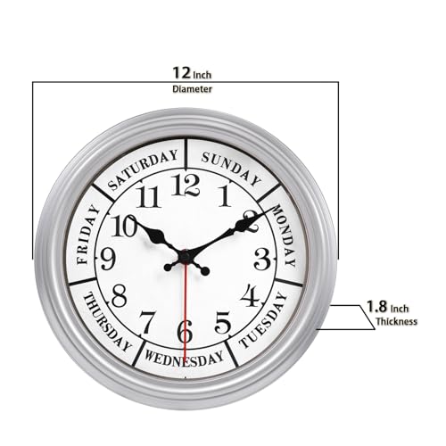 JENLYSTIME 12 Inch Retro Wall Clock,Classic Day of The Week Wall Clock,Silent Non Ticking Battery Operated Movement(Silver) - color: 12 Wk-silver