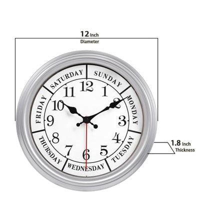 JENLYSTIME 12 Inch Retro Wall Clock,Classic Day of The Week Wall Clock,Silent Non Ticking Battery Operated Movement(Silver) - color: 12 Wk-silver