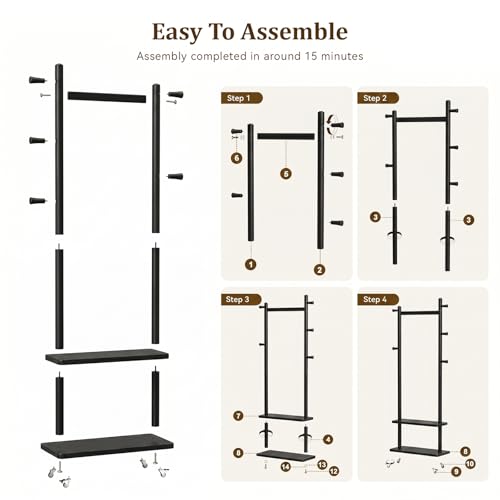 Coat Rack Freestanding Solid Wood Clothes Rack with Wheels | Space Saving, Stable 5 Hooks 2 Shelves Coat Tree, Silent 360 Degree Wheels, Heavy Duty 150 lb Capacity for Entryway Bedroom - color: Black, size: L: 23.6" x W: 11.8" x H: 70.9" (With Wheels)
