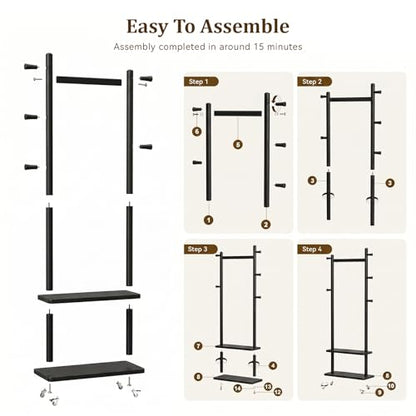Coat Rack Freestanding Solid Wood Clothes Rack with Wheels | Space Saving, Stable 5 Hooks 2 Shelves Coat Tree, Silent 360 Degree Wheels, Heavy Duty 150 lb Capacity for Entryway Bedroom - color: Black, size: L: 23.6" x W: 11.8" x H: 70.9" (With Wheels)