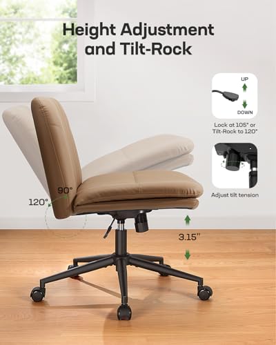 Marsail Armless-Office Desk Chair with Wheels: PU Leather Cross Legged Wide Chair,Comfortable Adjustable Swivel Computer Task Chairs for Home,Office,Make Up,Small Space,Bed Room, Brown - color: Brown