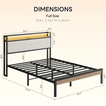 LIKIMIO Full Bed Frame with Headboard, LED Lights and Charging Station | Upholstered sherpa storage headboard with LED & charger; heavy-duty slats; noise-free; modern elegance; natural and cream - color: Natural and Cream, size: Full