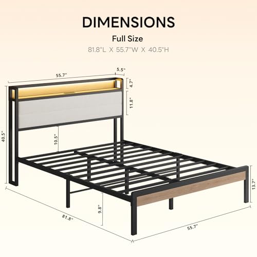LIKIMIO Full Bed Frame with Headboard, LED Lights and Charging Station | Upholstered sherpa storage headboard with LED & charger; heavy-duty slats; noise-free; modern elegance; natural and cream - color: Natural and Cream, size: Full