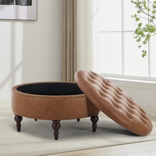 31.5" Large Round Storage Ottoman, Upholstered PU Ottoman Coffee Table | Large Ottoman with Solid Wooden Legs and Nailheads, Side Table for Living Room Bedroom Office, Brown - color: Brown