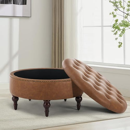 31.5" Large Round Storage Ottoman, Upholstered PU Ottoman Coffee Table | Large Ottoman with Solid Wooden Legs and Nailheads, Side Table for Living Room Bedroom Office, Brown - color: Brown