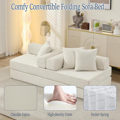 Convertible Folding Sofa Bed Modular Floor Couch, 78.8‘’ Cloud Sleeper Sofa with Removable Backrest, Chenille Foldable Mattress Couch, Lazy Loveseat for Small Space, Apartment, Bedroom, Beige - color: #3-beige