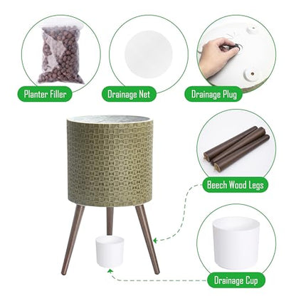 D'vine Dev Planter Pot with Wood Stand, 14 in, Distressed Olive, 88-Z-D-4 | Mid-Century Modern Style, Elevated Plant Display, Drainage Hole and Plug, Functional & Stylish, Modern Indoor Planter - color: Distressed Olive, size: X-Large