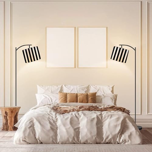 Modern Arc Floor Lamp with Dimmer Mid Century Striped Black White Metal Standing Lamp with Linen Shade Footswitch for Living Room Bedroom Office