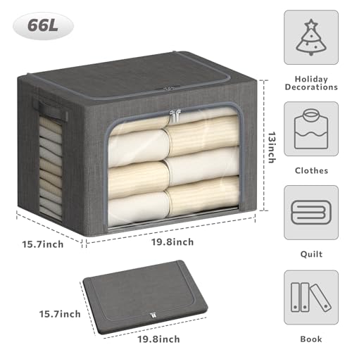 4 Pack Clothes Storage Bins with Metal Frame - 66L Stackable Storage Box with Lid，Foldable Storage Container Organizer for Clothes，Linen Fabric Storage Box with Clear Window＆Zippers＆Handles - color: Grey, size: 66L