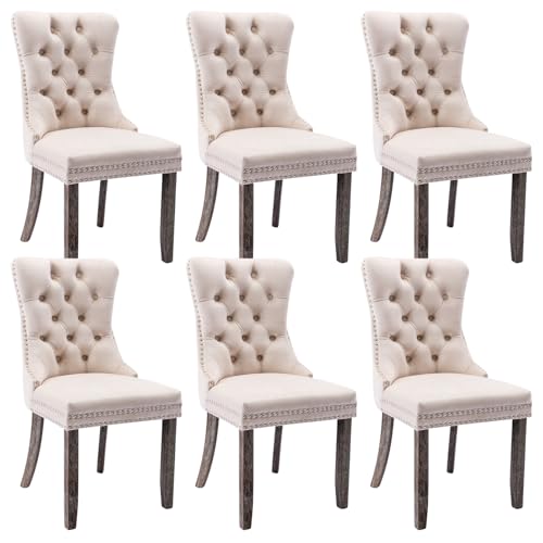 Virabit Velvet Dining Chairs, Tufted Upholstered Dining Chairs with Nailhead Back and Ring Pull Trim, Solid Wood Dining Chairs for Kitchen/Bedroom/Dining Room (Beige, Set of 6) - color: Beige, size: set of 6