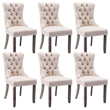Virabit Velvet Dining Chairs, Tufted Upholstered Dining Chairs with Nailhead Back and Ring Pull Trim, Solid Wood Dining Chairs for Kitchen/Bedroom/Dining Room (Beige, Set of 6) - color: Beige, size: set of 6