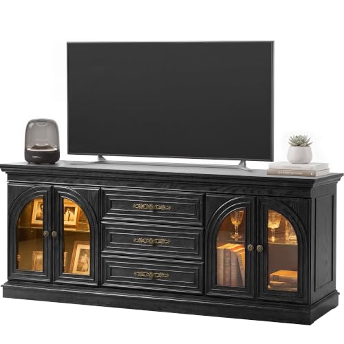 JUMMICO 63 Inch LED Farmhouse TV Stand for Living Room (Black) | Farmhouse TV Console for TVs Up to 70 Inch, 2 Glass Doors Cabinets & 3 Drawers, Wood Entertainment Center for Living Room - color: Black, size: TV Stand(No Charge Station)