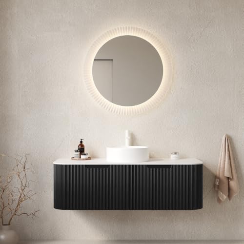 48" Floating Bathroom Vanity with Sink, Wall Mounted Plywood Cabinet, Black Fluted Front, Sintered Stone Countertop, White Round Ceramic Vessel Sink, Soft-Close Drawer, Pre-Assembled - color: Black Cabinet / White Sink, size: 48 Inch