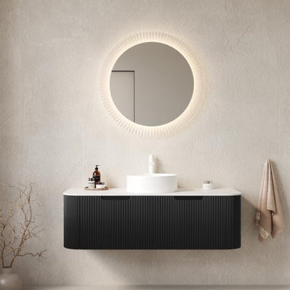48" Floating Bathroom Vanity with Sink, Wall Mounted Plywood Cabinet, Black Fluted Front, Sintered Stone Countertop, White Round Ceramic Vessel Sink, Soft-Close Drawer, Pre-Assembled - color: Black Cabinet / White Sink, size: 48 Inch