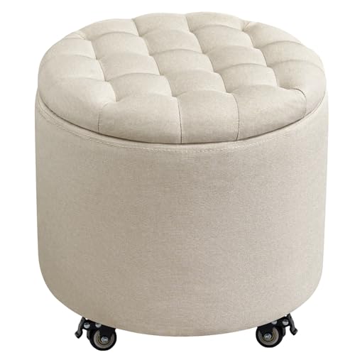 18.9 Inch Round Storage Ottoman with Wheels, Hidden Storage with Removable Lid, Stylish Button Tufted Design Ottoman for Living Room, Bedroom, Linen, Beige - color: Beige-1