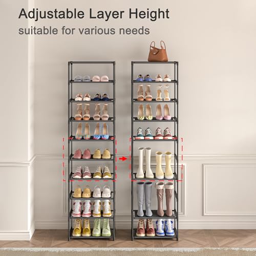 Autonomier 10 Tier Tall Shoe Rack, Non-Woven Fabrics Narrow Shoe Shelf | Vertical Compact Storage Organizer, Small Space Saving for Closet Floor, Front Door Entrance, Entryway, Black - size: 10-Tier