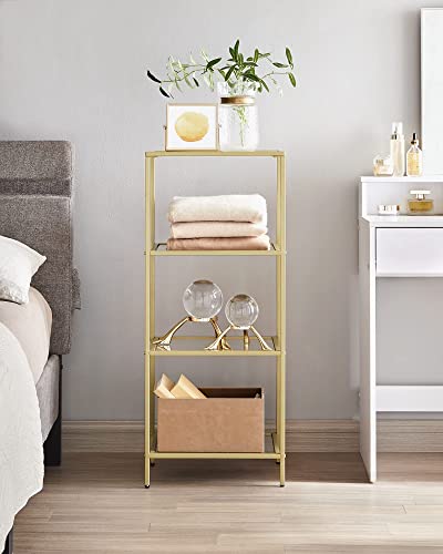 VASAGLE Bookcase, 4-Tier Bookshelf, Slim Shelving Unit for Bedroom, Bathroom, Home Office, Tempered Glass, Steel Frame, Metallic Gold ULGT28G - color: Metallic Gold, size: 4 Tiers (15.7"W x 37.4"H)