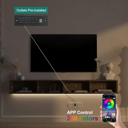 KEIKI 78.7" Floating TV Stand Wall Mounted with 16 Color LEDs & Power Outlets for TVs Up to 70 Inch, Wooden Media Console Entertainment Center Television Table Cabinet for Living Room, Bedroom