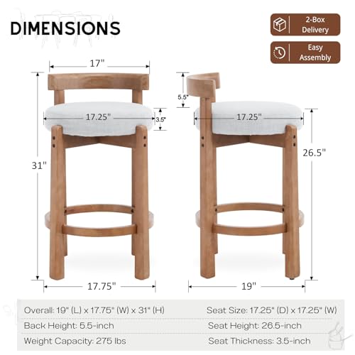 HEAH-YO Mid Century Modern Bar Stools Set of 4, 26.5" Counter Stools with Back, Linen Upholstered Barstools with Solid Wood Legs Bar Chairs for Kitchen Island Dining Room, Light Grey - color: 26.5" Light Grey Linen, size: Counter Height - Set of 4