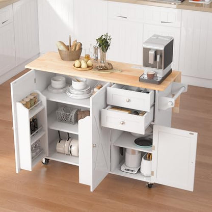 50.4" Kitchen Island with Drop Leaf & Power Outlet, Farmhouse Rolling Island Cart with 3 Spices Shelves on Wheels, Mobil Kitchen Island Table with Rubberwood Countertop Towel Rack, White - color: White, size: 3 Spice Shelves