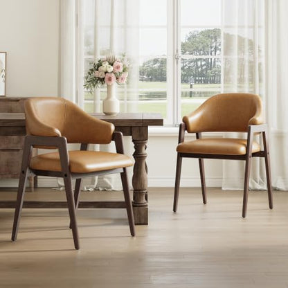 MALOL Wooden Dining Chairs Set of 2, Faux Leather, Curved Open Back, Brown - color: Brown, size: Set of 2