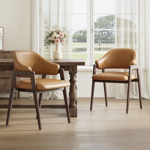 MALOL Wooden Dining Chairs Set of 2, Faux Leather, Curved Open Back, Brown - color: Brown, size: Set of 2