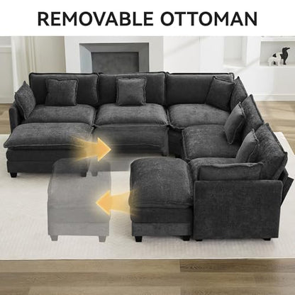 113'' V Shaped Cloud Sectional Sofa, Oversized Deep Seat Couches for Living Room, Chenille Comfy Upholstered Modular Sectional Sofa Couch with 2 Movable Ottoman, Dark Grey - color: Dark Grey, size: 113'' V Shaped+2 Ottoman