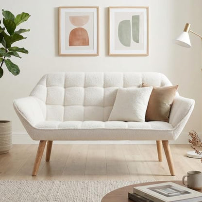 48" Small Loveseat Sofa, Modern Sherpa Mini Sofa Couch 2-Seater Fluffy Love Seat with Quilting Backs and Wood Legs for Living Room, Bedroom and Small Space, White - color: White