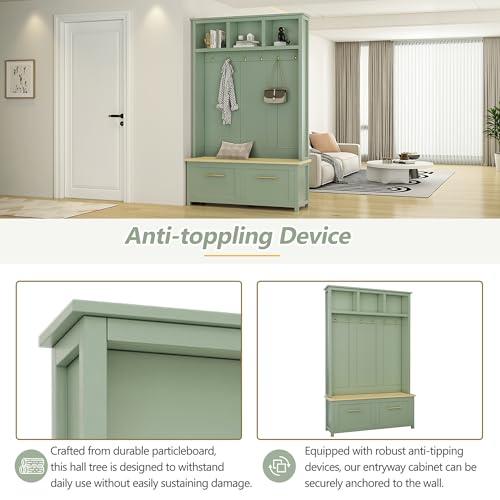 JIVOIT 4-in-1 Entryway Hall Tree with Brown Wood Grain Storage Bench, Wood Entryway Coat Hanger Hall Tree with 6 Golden Hooks, 2 Drawers, Coat Rack for Living Room, Hallway - color: Mint Green/31