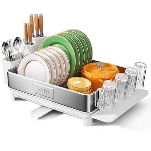 SNTD 304 Stainless Steel Dish Drying Rack for Small Kitchen Counter, White | Rustproof, Large Capacity, Heavy-Duty Frame, Rotating Spout, Angled Drainboard, Removable Cup & Utensil Holder - color: White